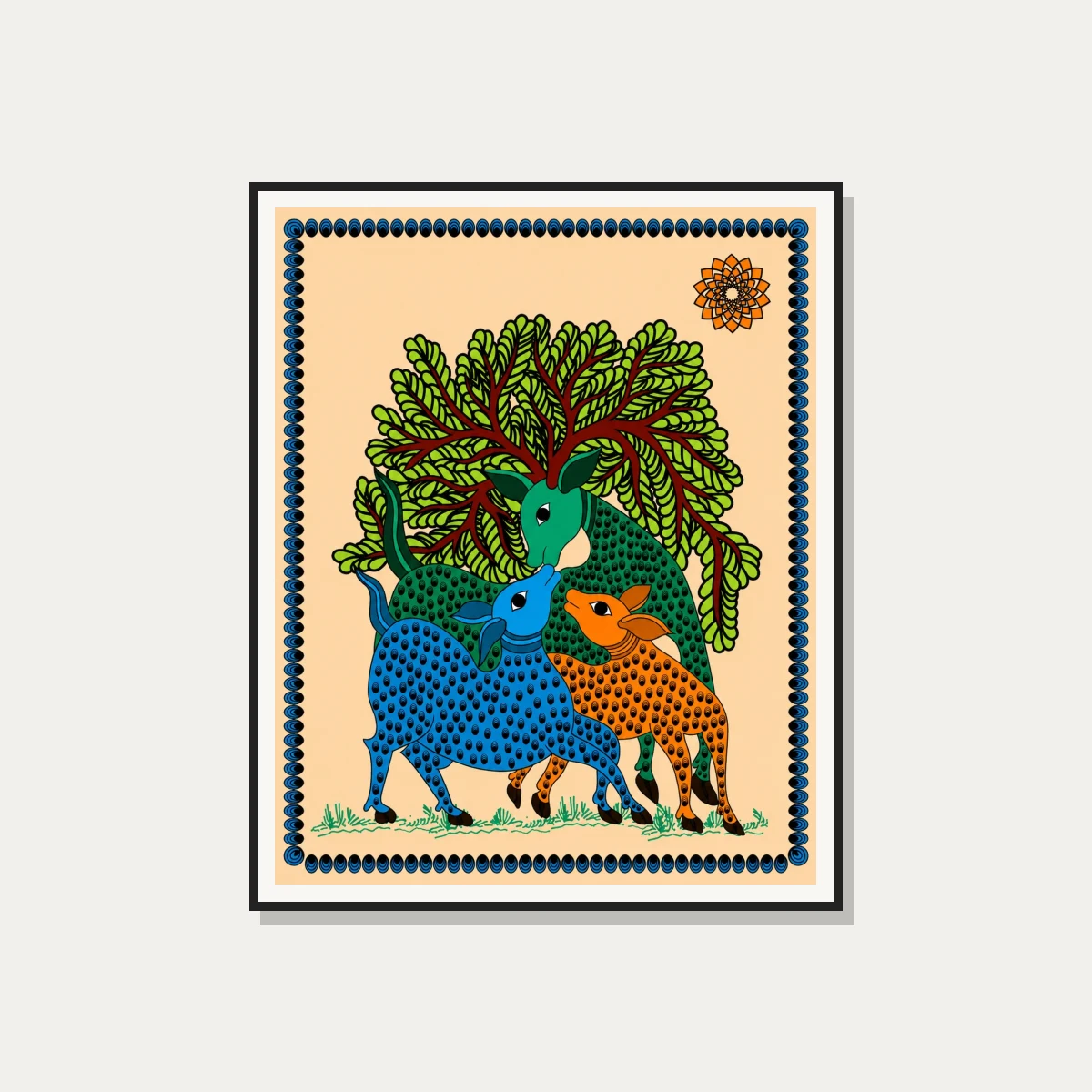 Colorful Madhubani Deer Painting Canvas wall art print — photo frame preview | PrintPosters.in