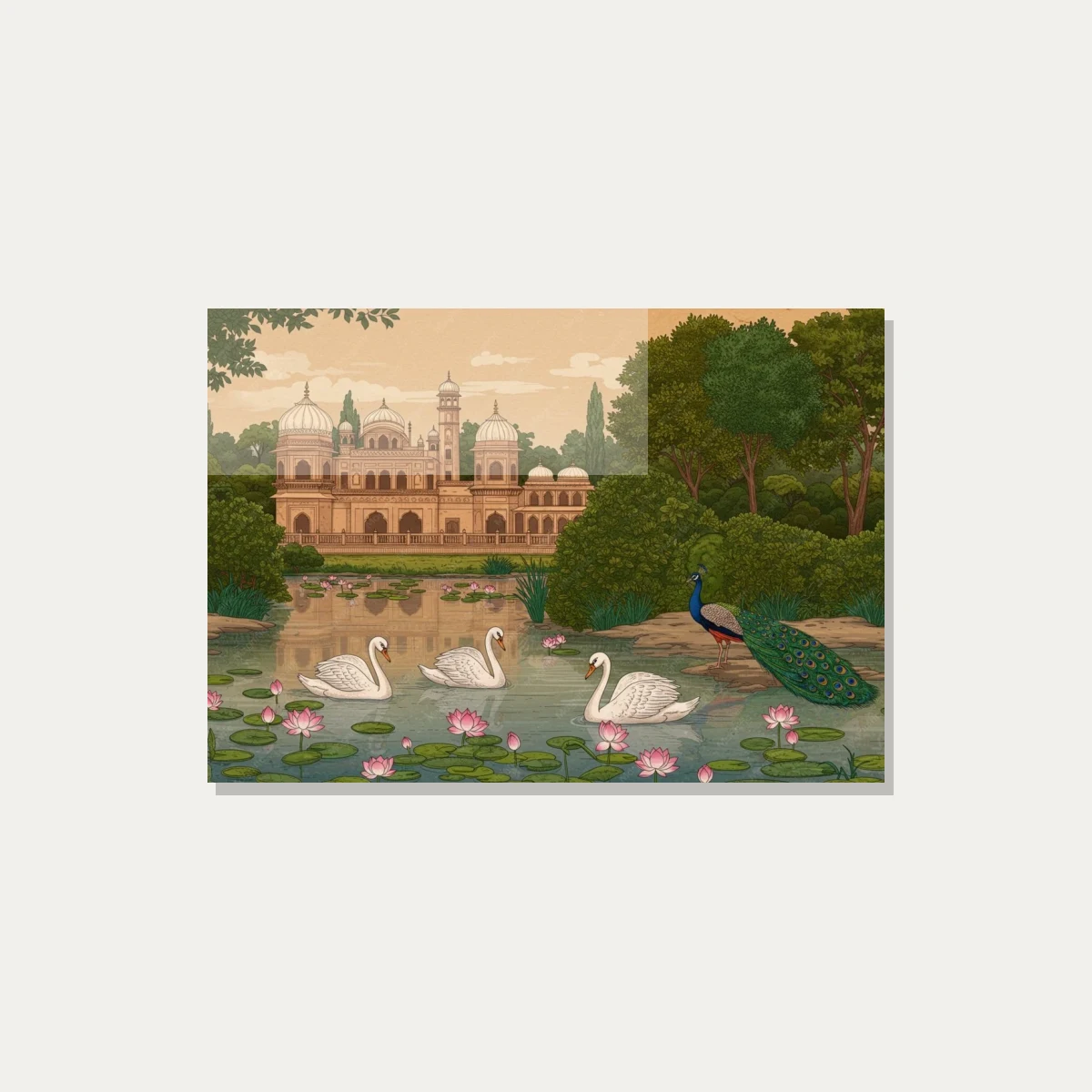 Mughal Garden with Peacock and Swans Canvas wall art print — acrylic preview | PrintPosters.in