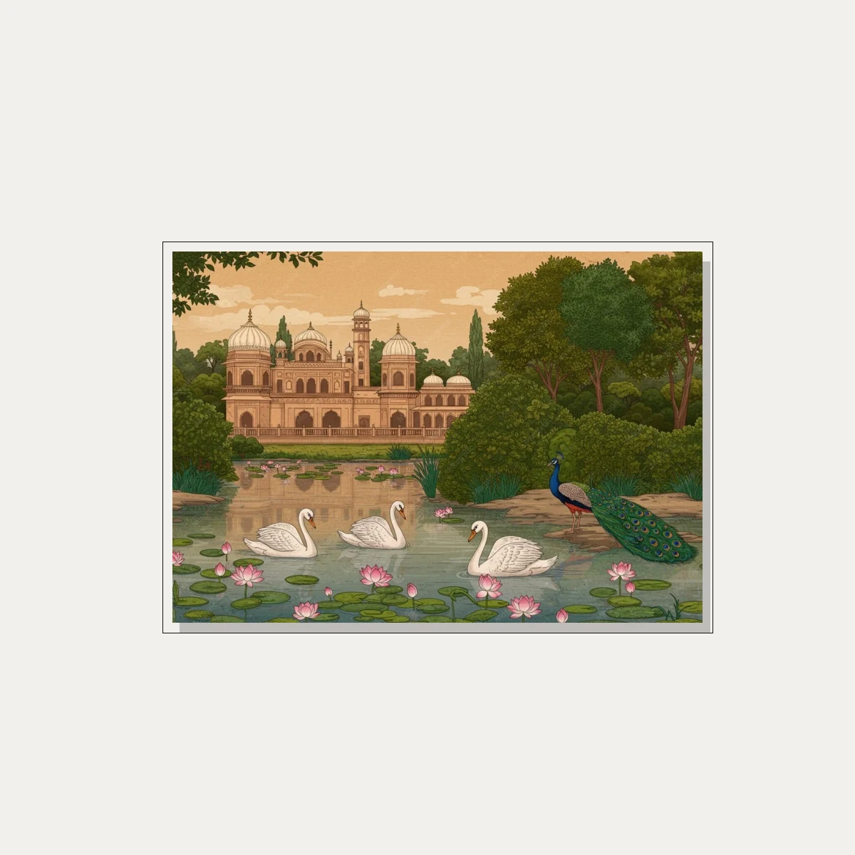 Mughal Garden with Peacock and Swans Canvas wall art print — floater frame preview | PrintPosters.in