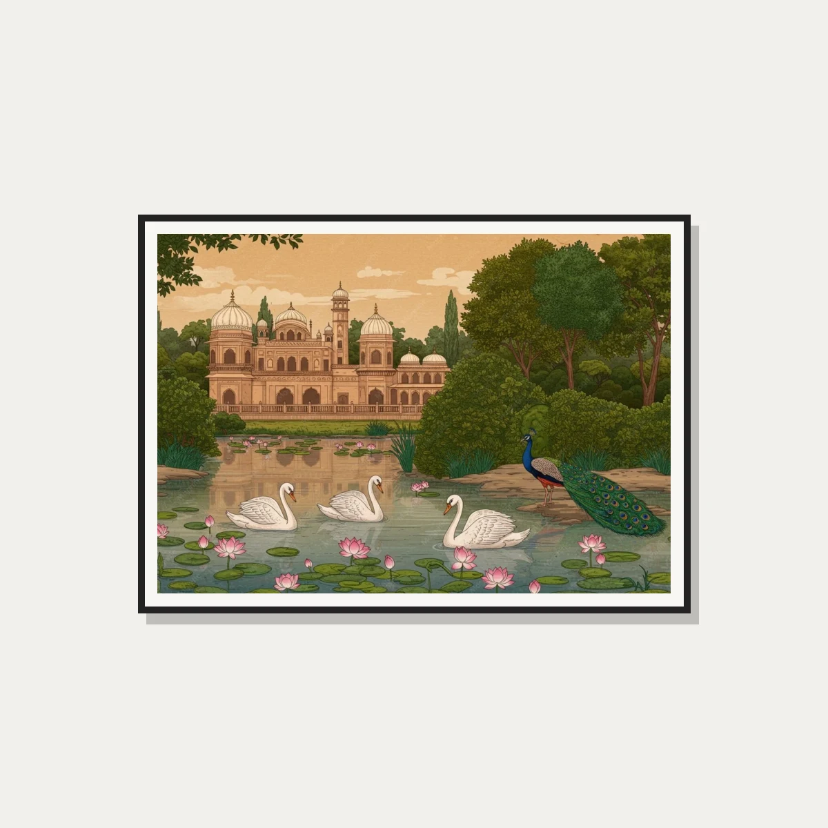 Mughal Garden with Peacock and Swans Canvas wall art print — photo frame preview | PrintPosters.in