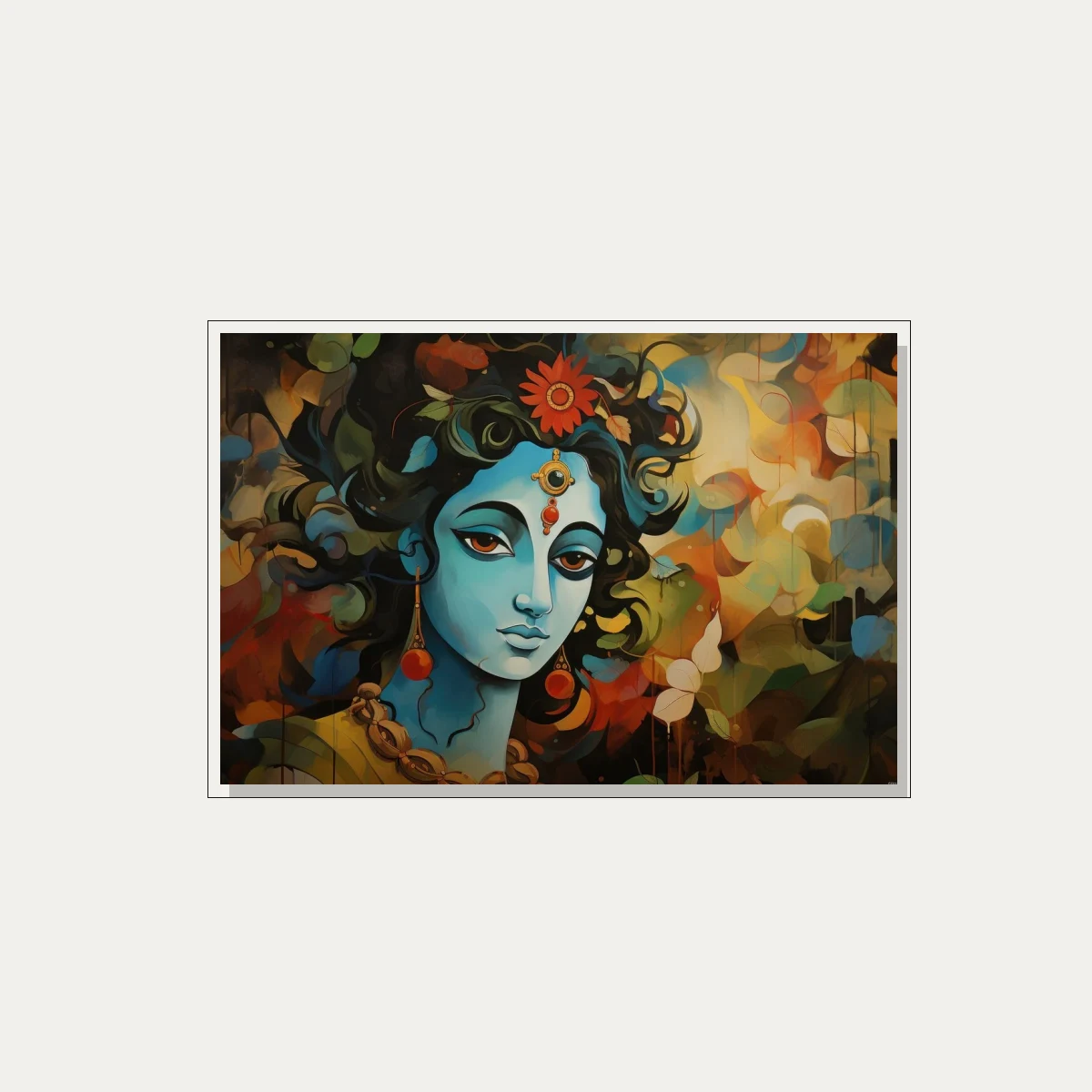 Vibrant Blue Krishna Portrait Canvas Print wall art print — floater frame preview | PrintPosters.in