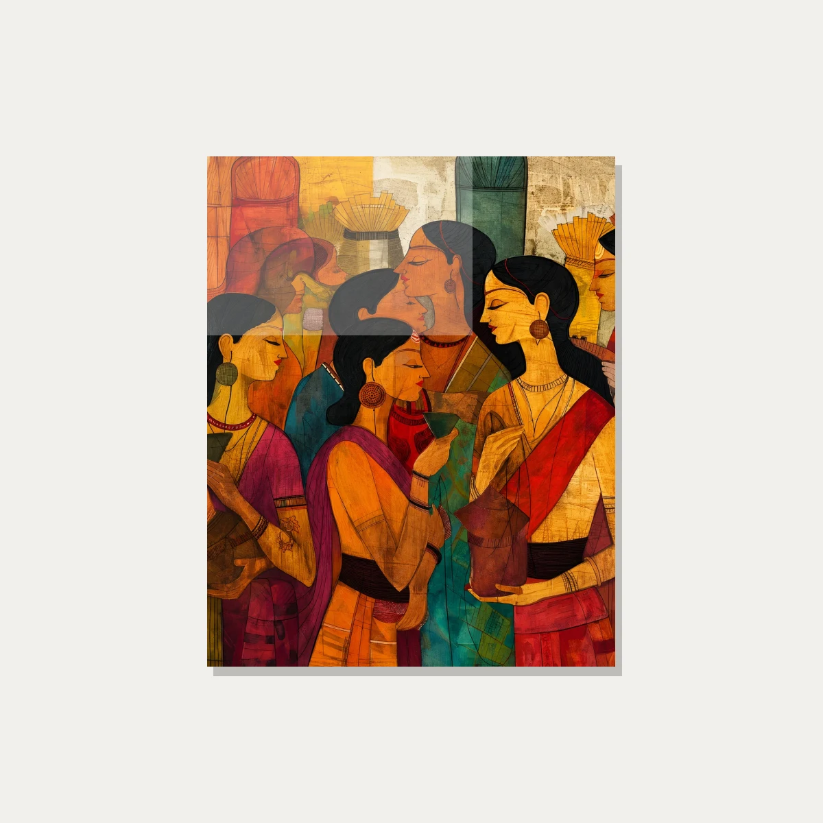 Stylized Indian Women Gathering Canvas Print wall art print — acrylic preview | PrintPosters.in