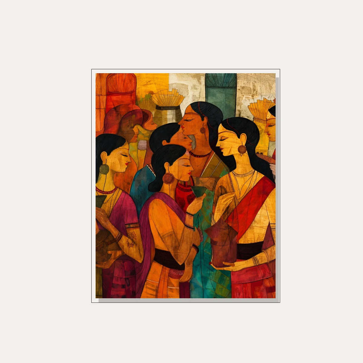 Stylized Indian Women Gathering Canvas Print wall art print — floater frame preview | PrintPosters.in
