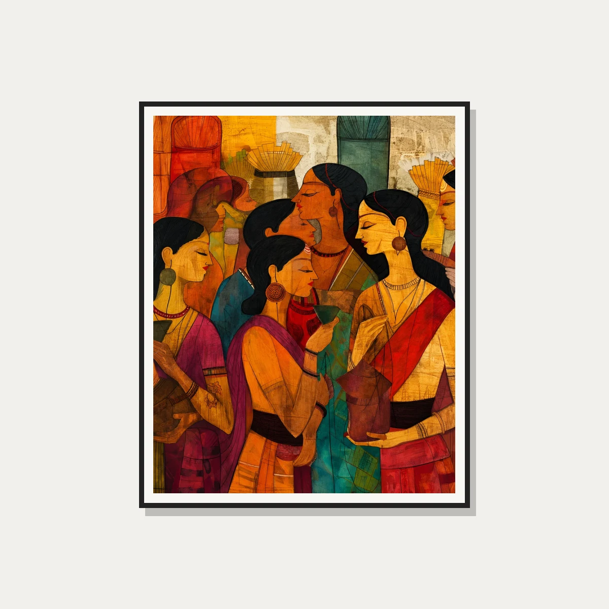 Stylized Indian Women Gathering Canvas Print wall art print — photo frame preview | PrintPosters.in