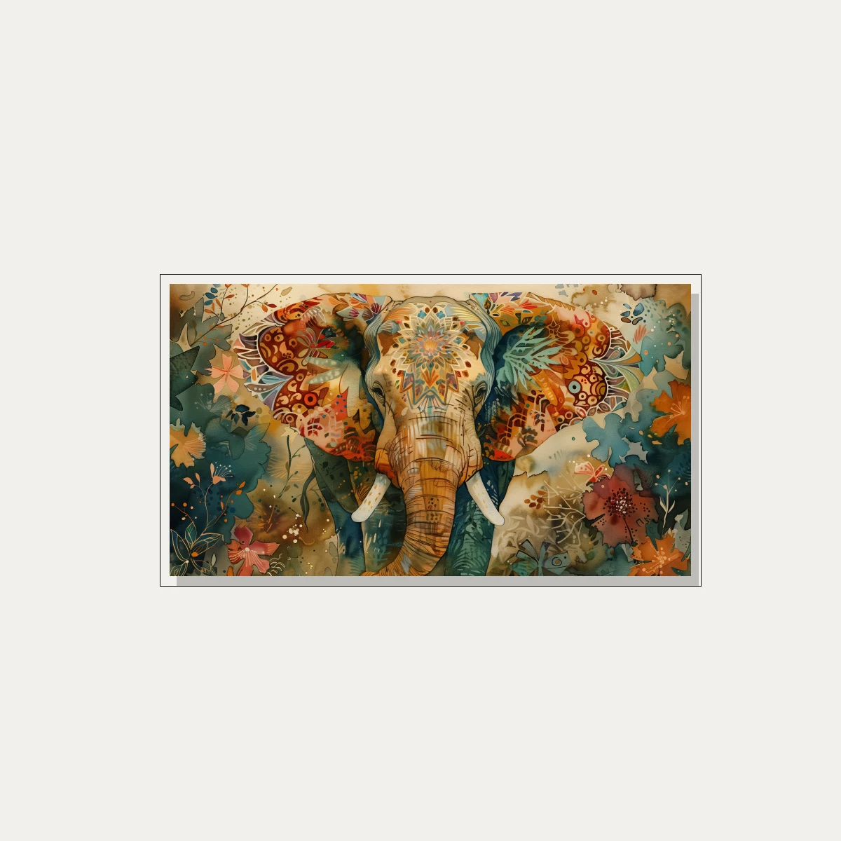 Colorful Patterned Elephant Watercolor Canvas wall art print — floater frame preview | PrintPosters.in