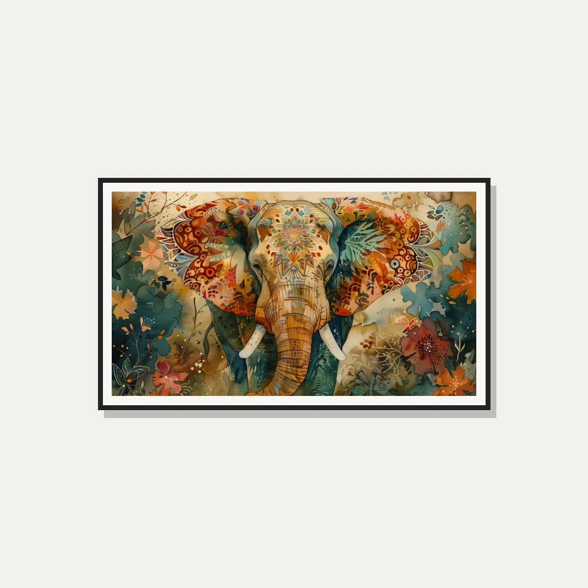 Colorful Patterned Elephant Watercolor Canvas wall art print — photo frame preview | PrintPosters.in