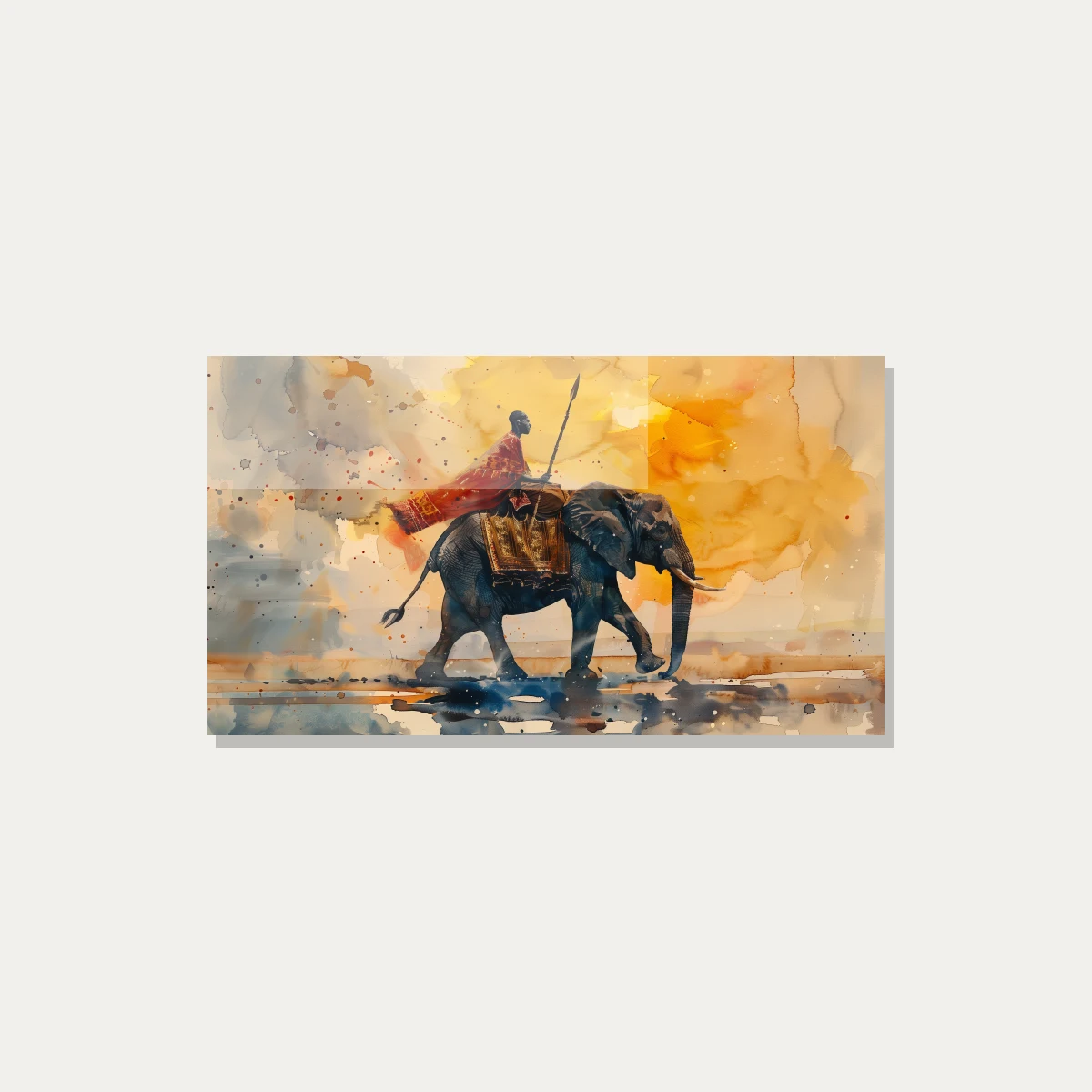 African Warrior Riding Elephant Watercolor Canvas wall art print — acrylic preview | PrintPosters.in
