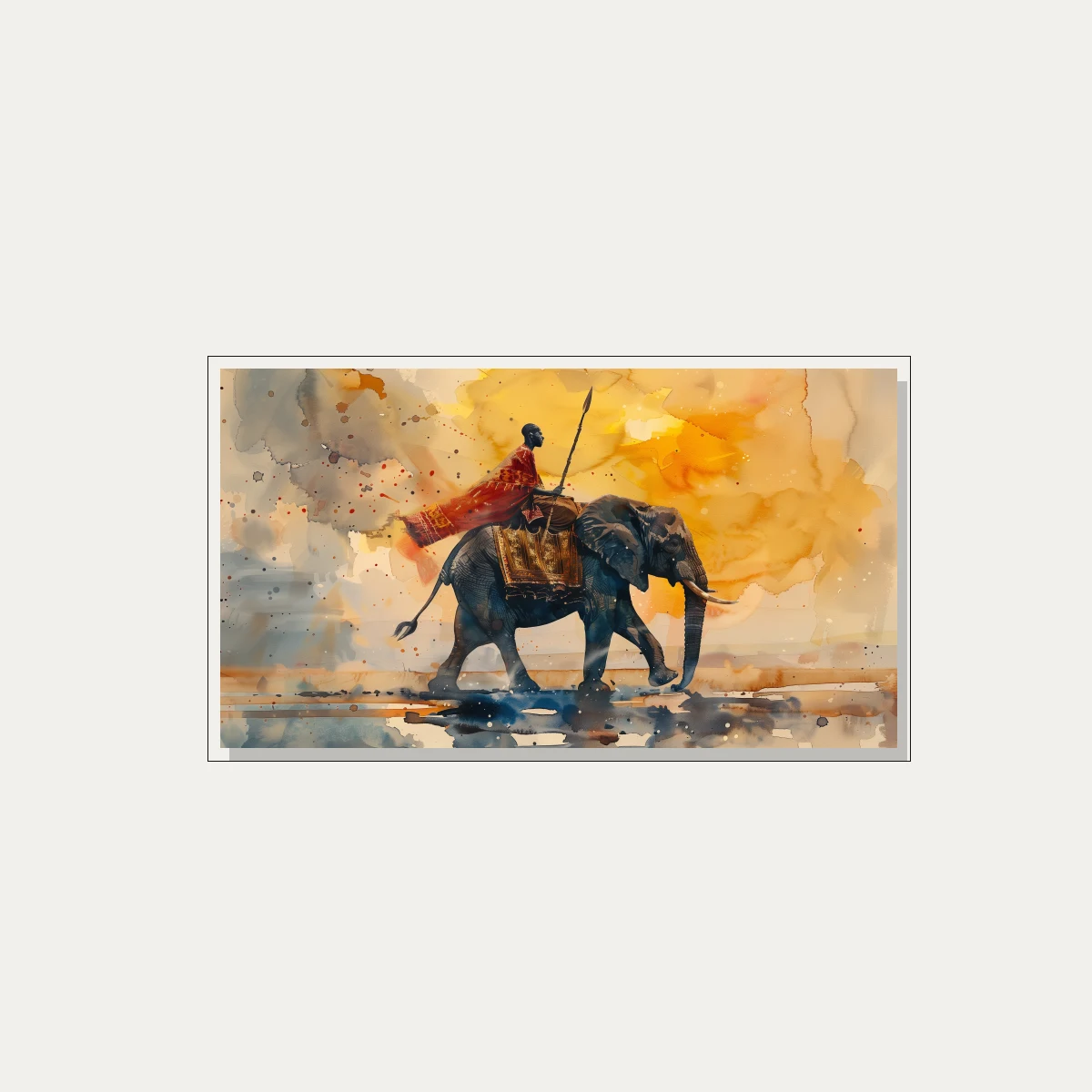 African Warrior Riding Elephant Watercolor Canvas wall art print — floater frame preview | PrintPosters.in