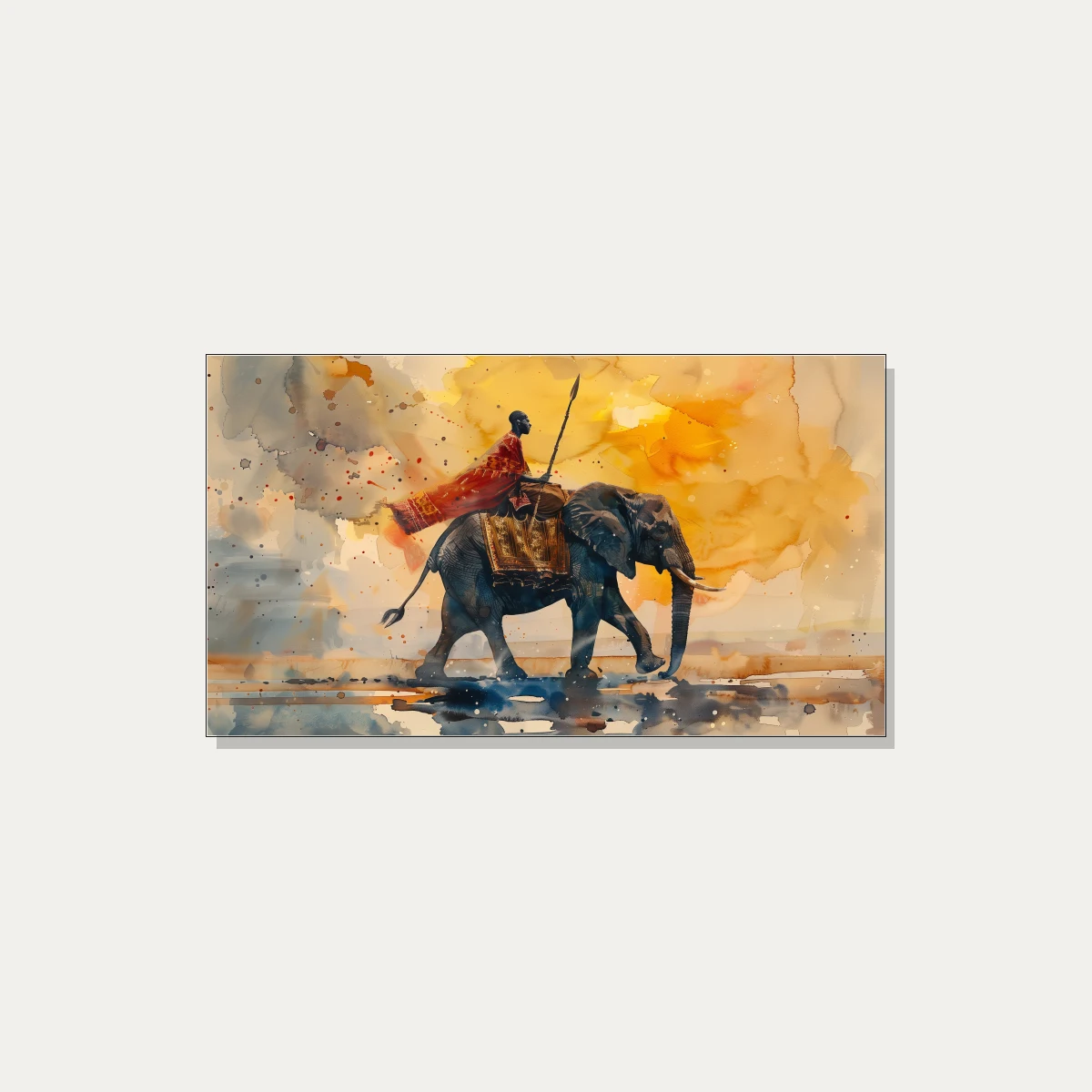 African Warrior Riding Elephant Watercolor Canvas wall art print | PrintPosters.in