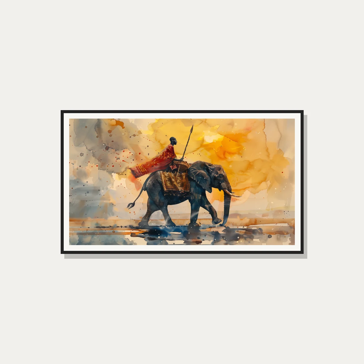 African Warrior Riding Elephant Watercolor Canvas wall art print — photo frame preview | PrintPosters.in