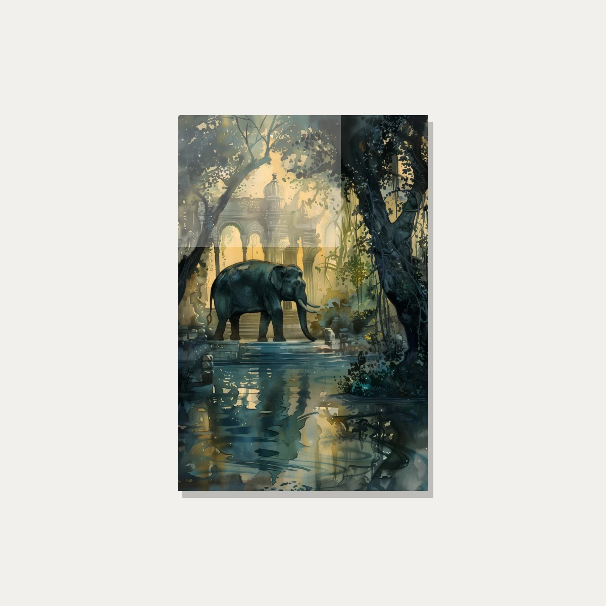 Elephant at Ancient Jungle Temple Watercolor Canvas wall art print — acrylic preview | PrintPosters.in