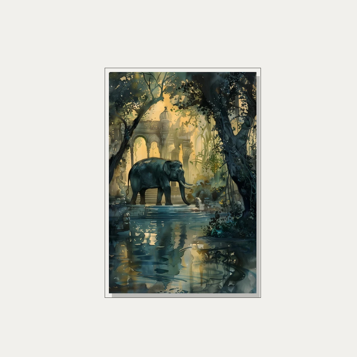 Elephant at Ancient Jungle Temple Watercolor Canvas wall art print — floater frame preview | PrintPosters.in