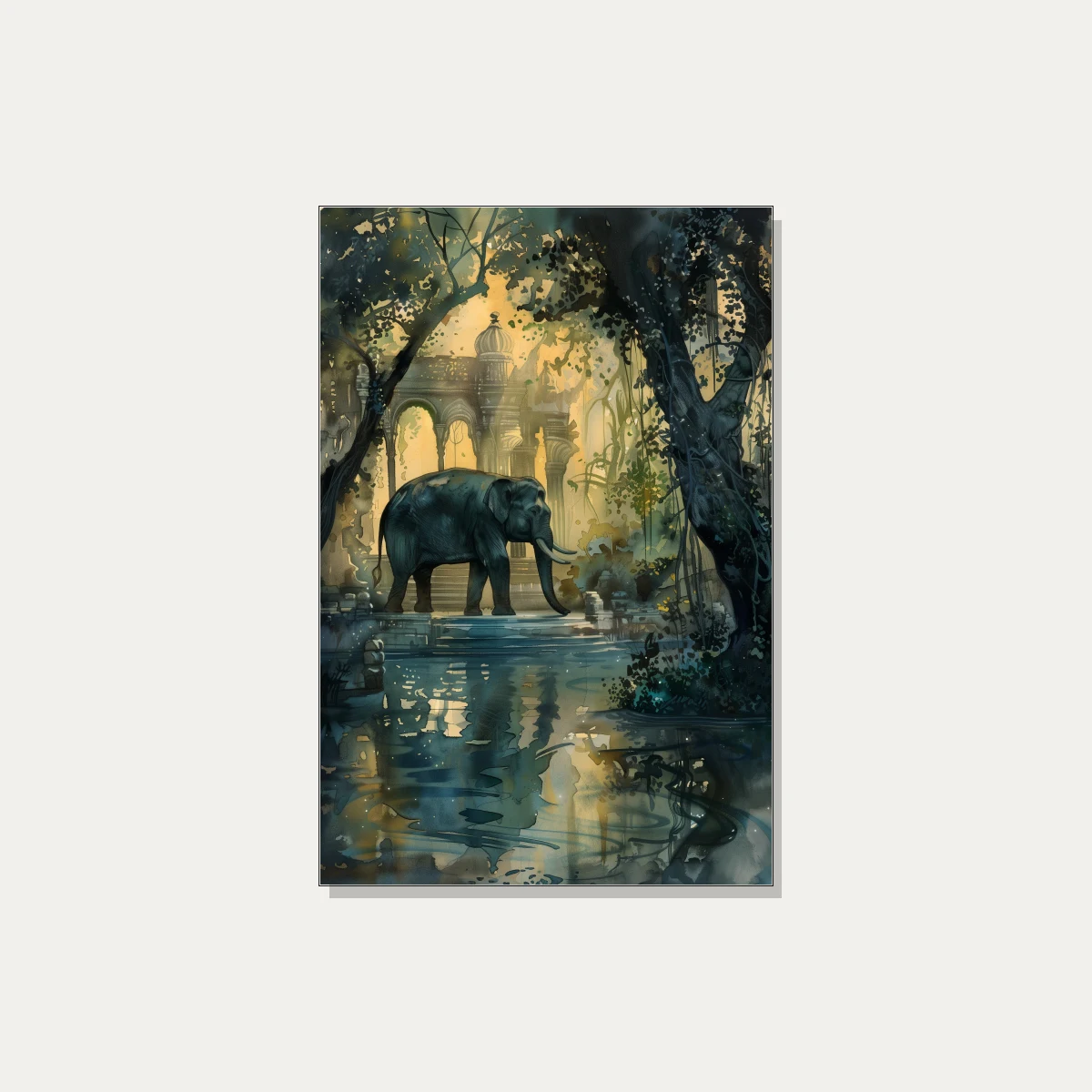 Elephant at Ancient Jungle Temple Watercolor Canvas wall art print | PrintPosters.in