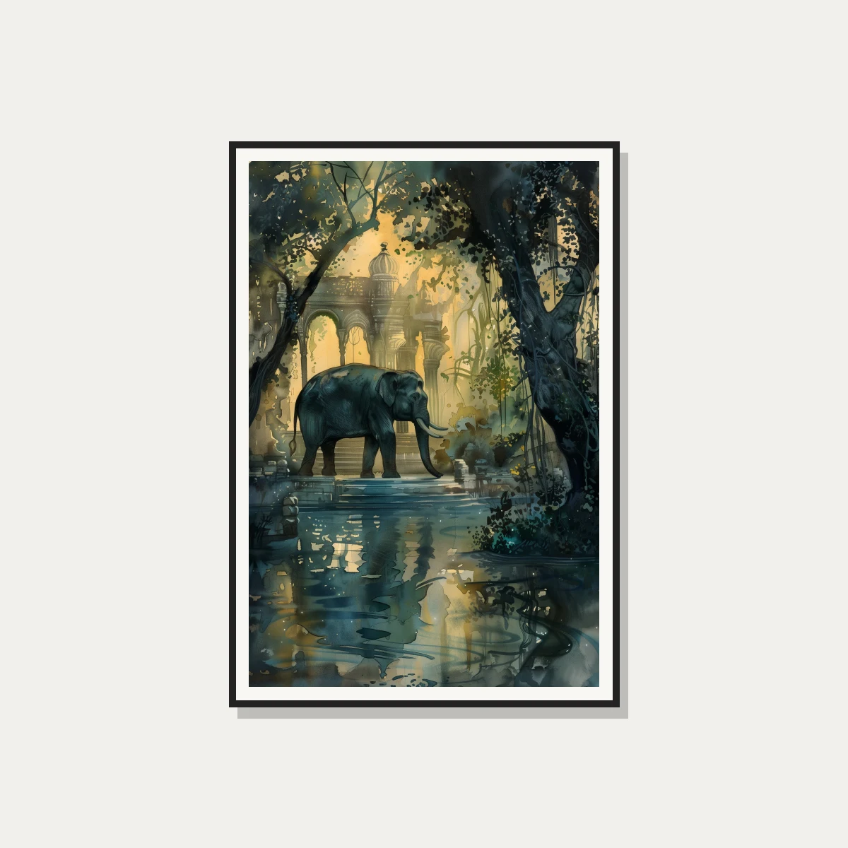 Elephant at Ancient Jungle Temple Watercolor Canvas wall art print — photo frame preview | PrintPosters.in
