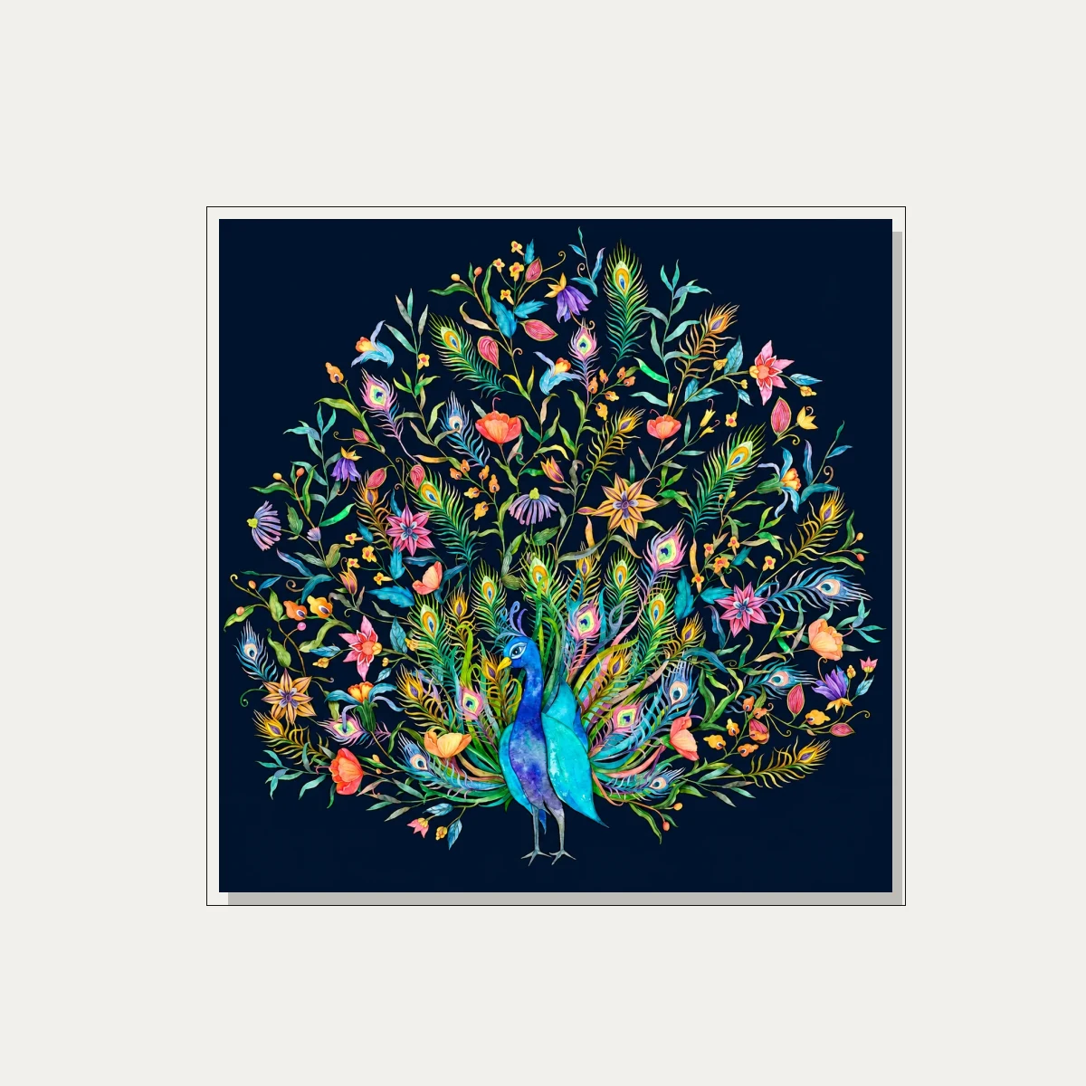 Vibrant Peacock Tail Floral Watercolor Canvas wall art print — floater frame preview | PrintPosters.in