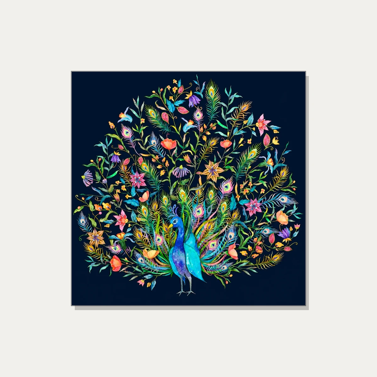Vibrant Peacock Tail Floral Watercolor Canvas wall art print | PrintPosters.in