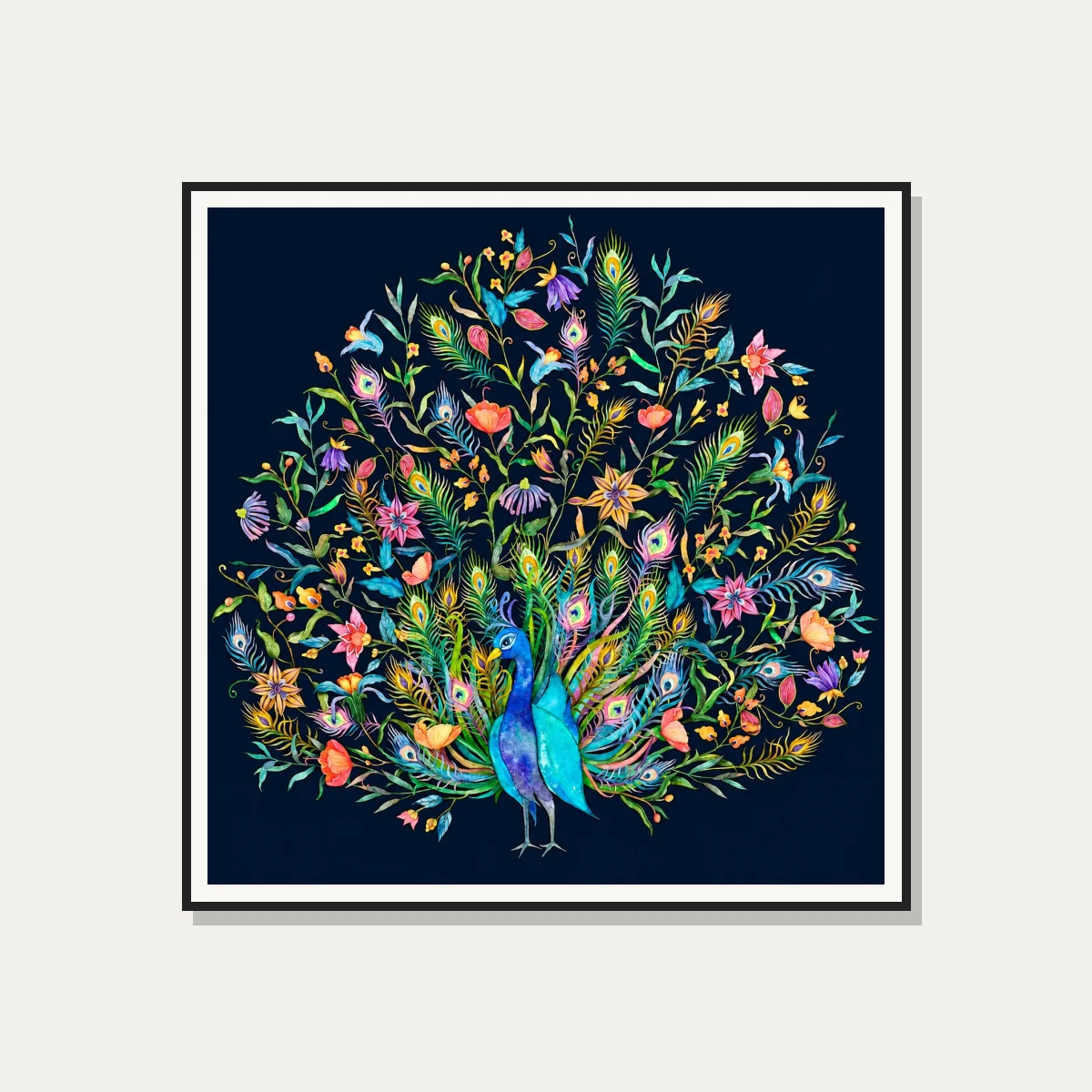 Vibrant Peacock Tail Floral Watercolor Canvas wall art print — photo frame preview | PrintPosters.in