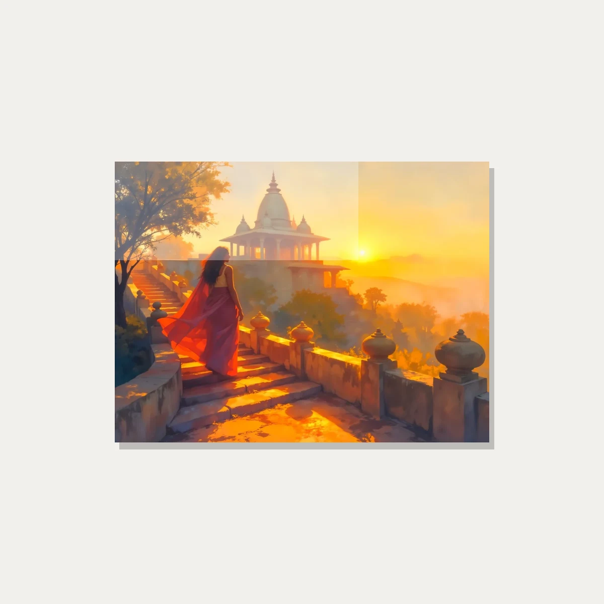 Woman Ascending Temple Stairs Sunset Canvas wall art print — acrylic preview | PrintPosters.in