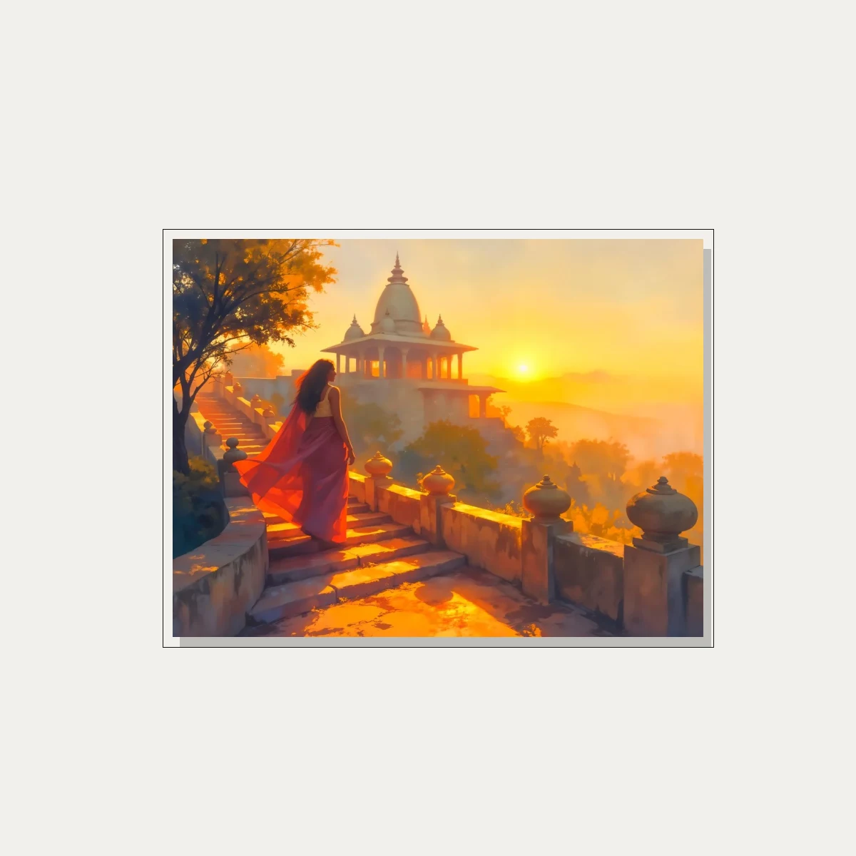 Woman Ascending Temple Stairs Sunset Canvas wall art print — floater frame preview | PrintPosters.in