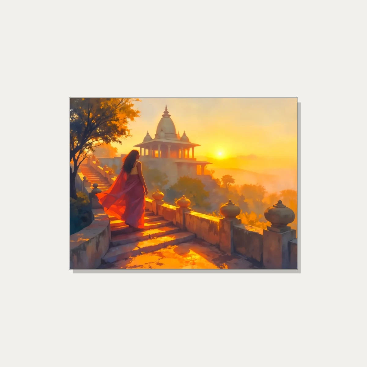 Woman Ascending Temple Stairs Sunset Canvas wall art print | PrintPosters.in