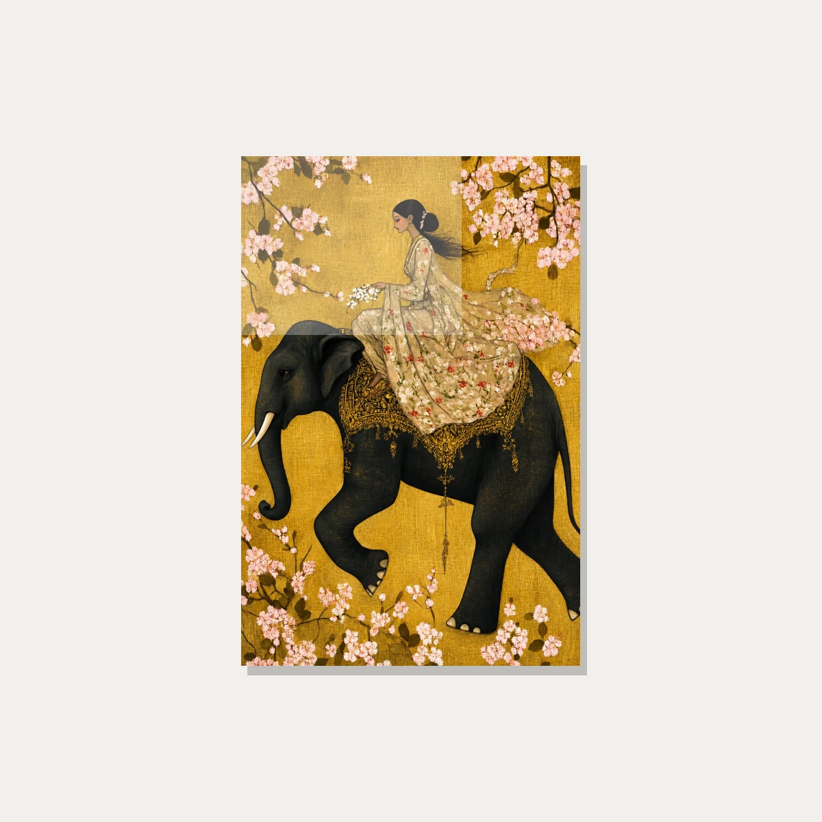 Woman Riding Elephant Floral Gold Canvas wall art print — acrylic preview | PrintPosters.in