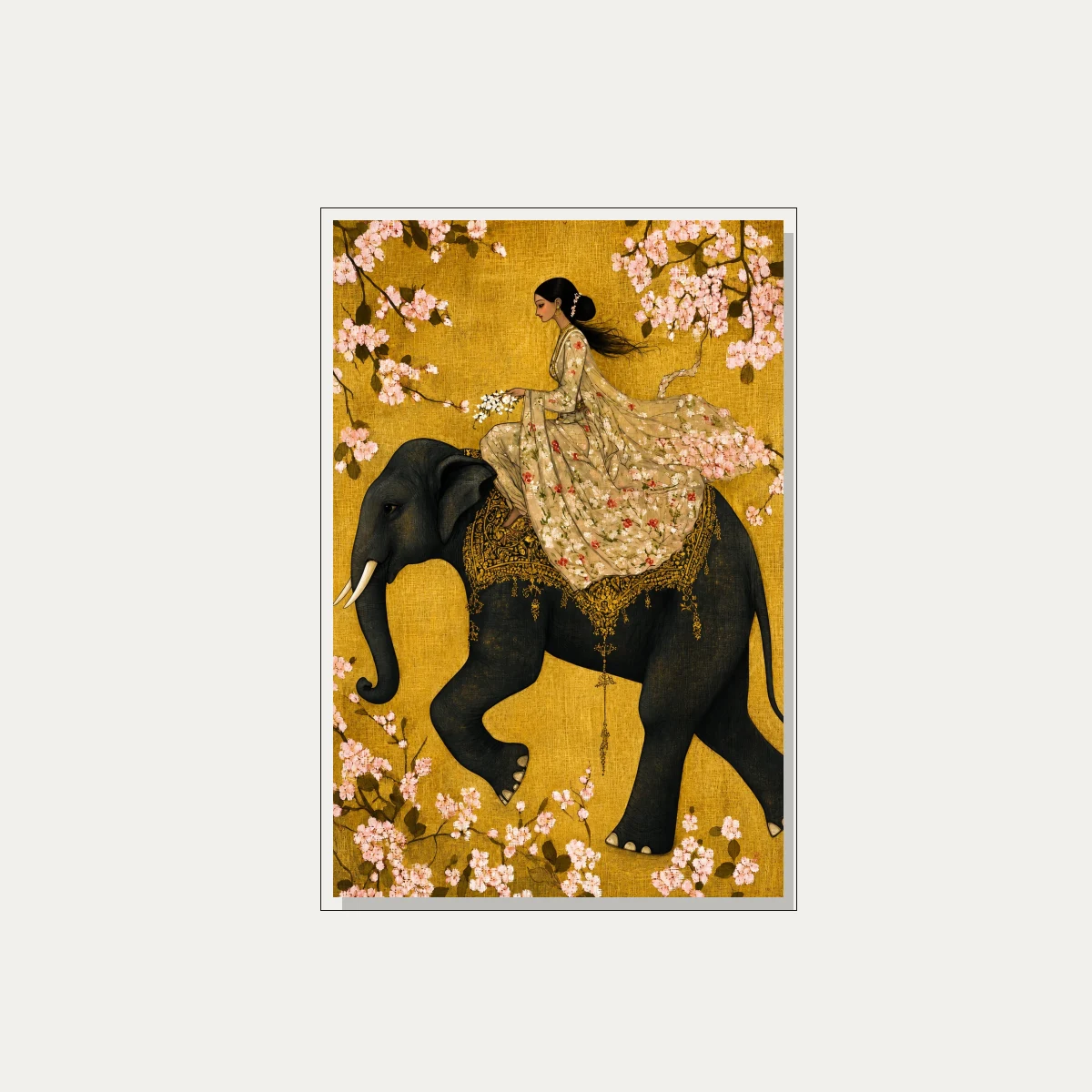Woman Riding Elephant Floral Gold Canvas wall art print — floater frame preview | PrintPosters.in