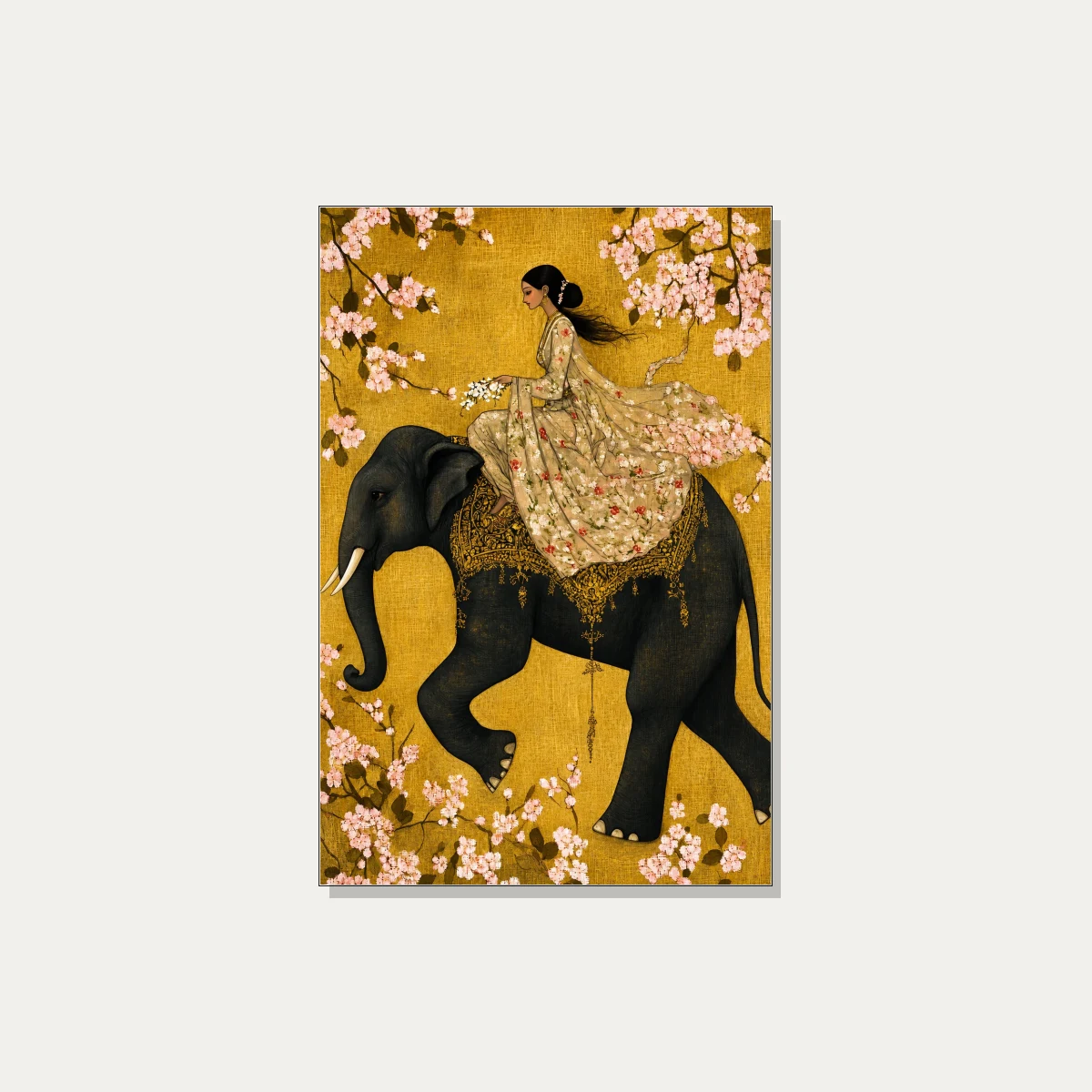Woman Riding Elephant Floral Gold Canvas wall art print | PrintPosters.in