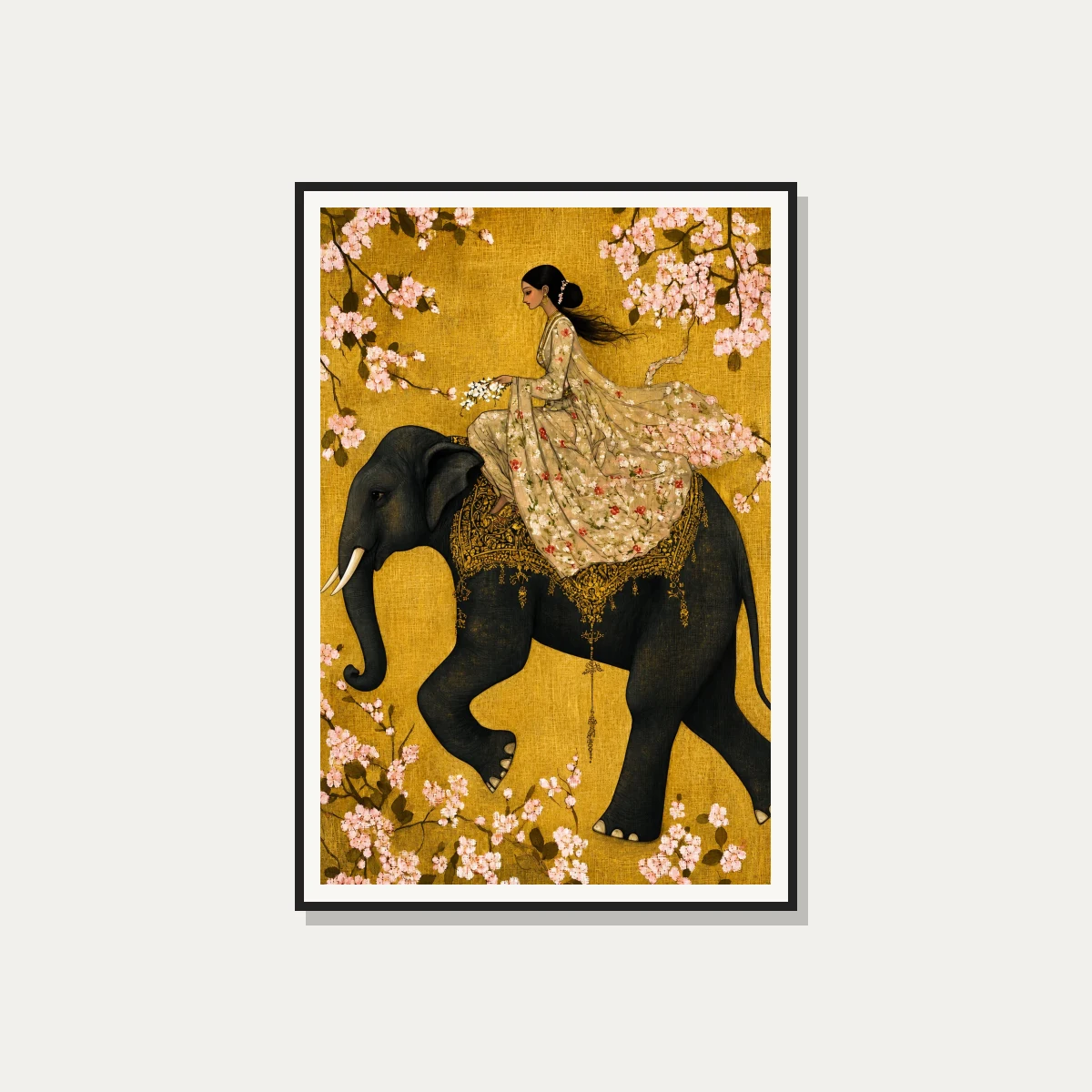 Woman Riding Elephant Floral Gold Canvas wall art print — photo frame preview | PrintPosters.in