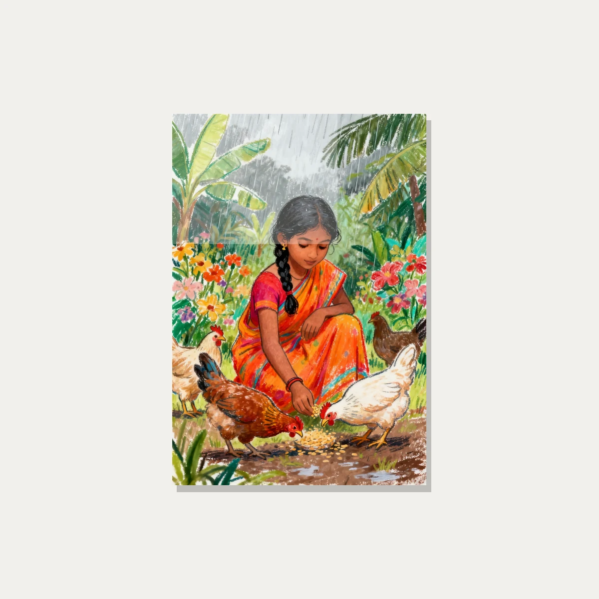 Girl Feeding Chickens in Rain Canvas Print wall art print — acrylic preview | PrintPosters.in