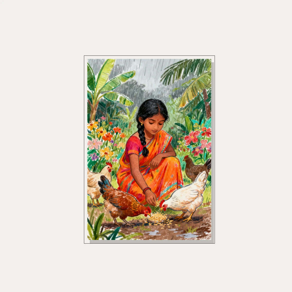 Girl Feeding Chickens in Rain Canvas Print wall art print — floater frame preview | PrintPosters.in