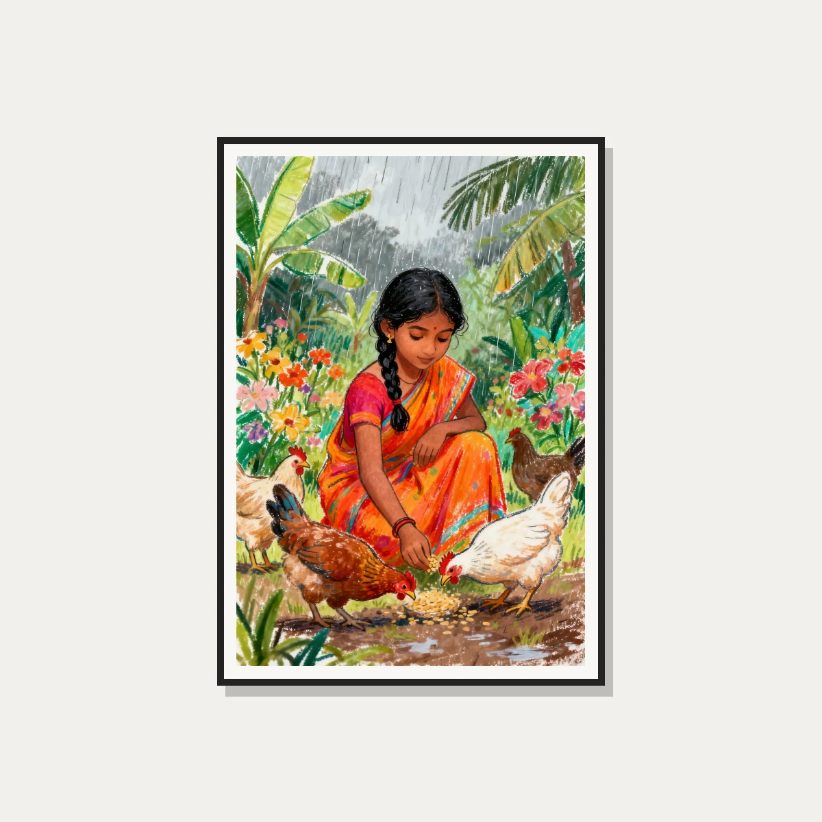 Girl Feeding Chickens in Rain Canvas Print wall art print — photo frame preview | PrintPosters.in