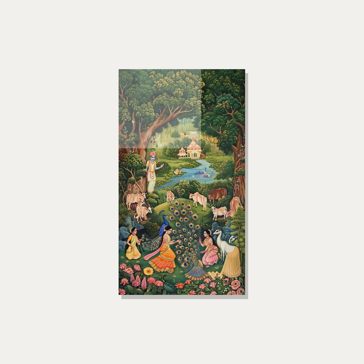 Traditional Pichwai painting of Lord Krishna in Vrindavan forest with Gopis, sacred cows, and a dancing peacock. — acrylic preview | PrintPosters.in