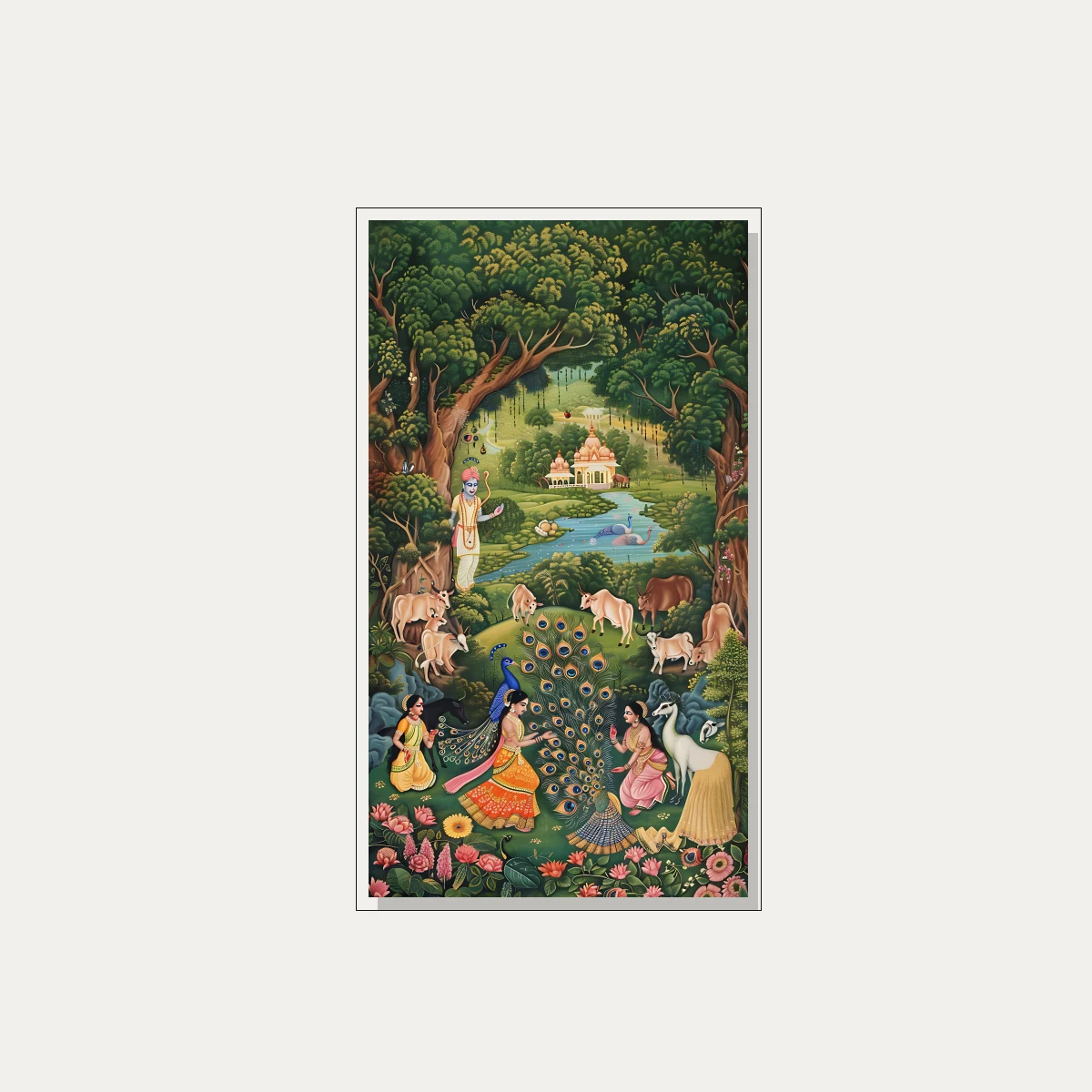 Traditional Pichwai painting of Lord Krishna in Vrindavan forest with Gopis, sacred cows, and a dancing peacock. — floater frame preview | PrintPosters.in