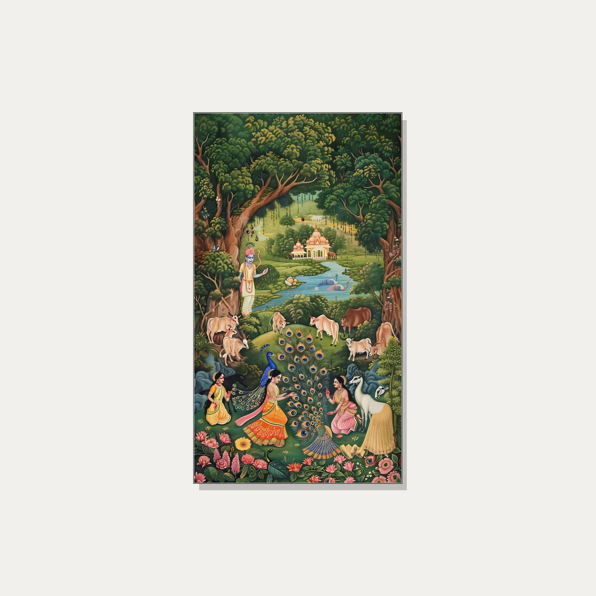 Traditional Pichwai painting of Lord Krishna in Vrindavan forest with Gopis, sacred cows, and a dancing peacock. | PrintPosters.in