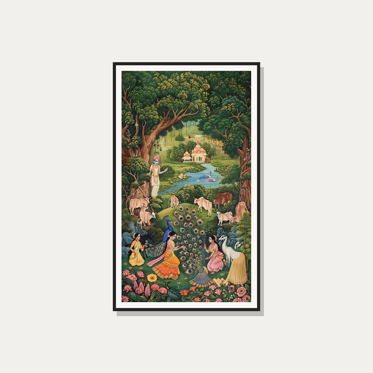Traditional Pichwai painting of Lord Krishna in Vrindavan forest with Gopis, sacred cows, and a dancing peacock. — photo frame preview | PrintPosters.in