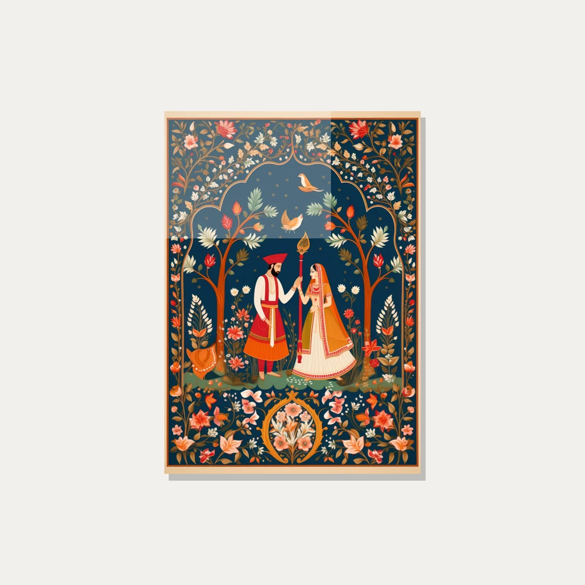 A traditional Indian painting of a royal couple standing under a floral archway on a deep blue background. — acrylic preview | PrintPosters.in