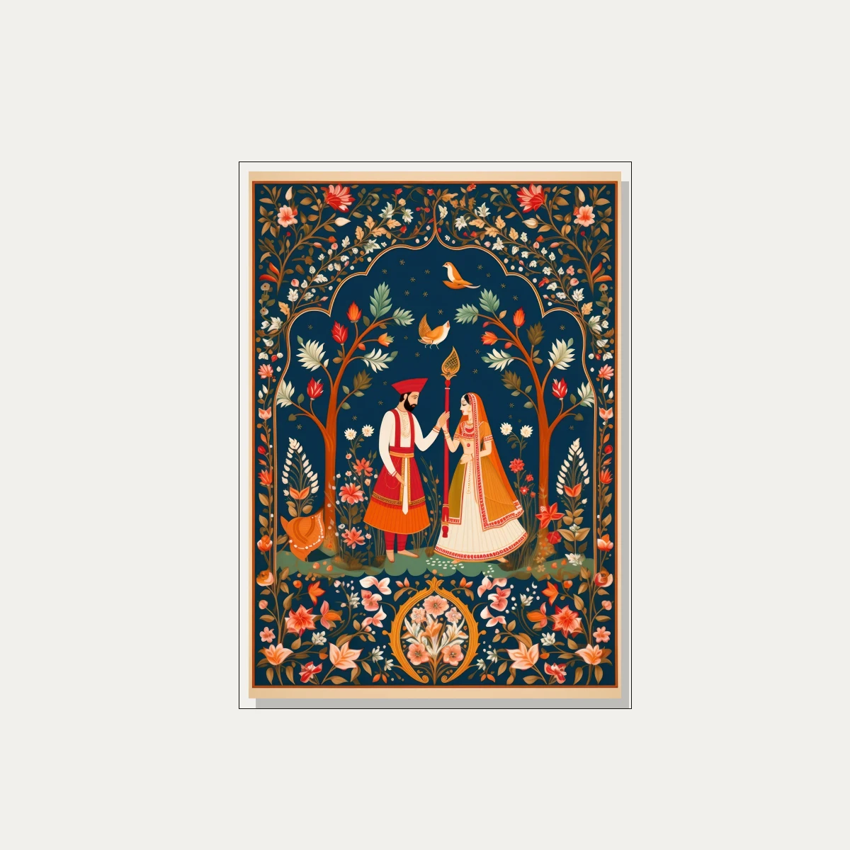 A traditional Indian painting of a royal couple standing under a floral archway on a deep blue background. — floater frame preview | PrintPosters.in