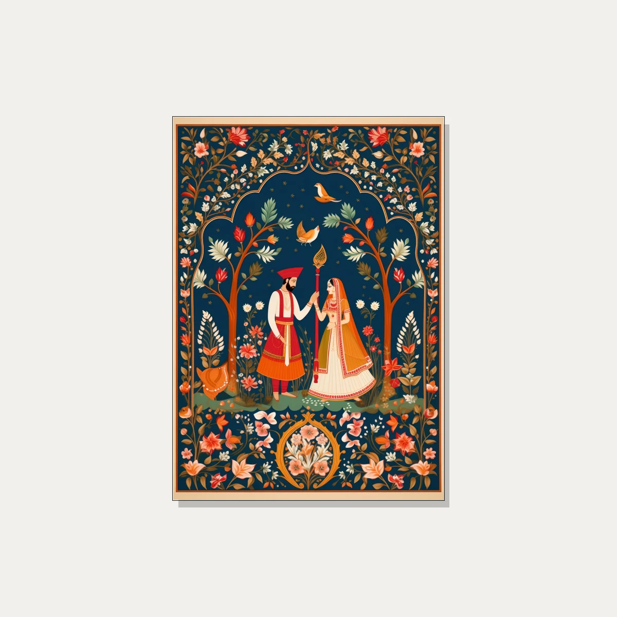 A traditional Indian painting of a royal couple standing under a floral archway on a deep blue background. | PrintPosters.in