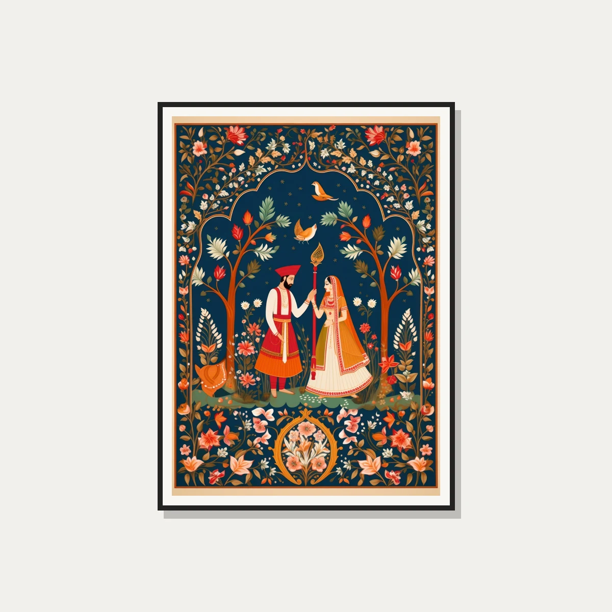 A traditional Indian painting of a royal couple standing under a floral archway on a deep blue background. — photo frame preview | PrintPosters.in