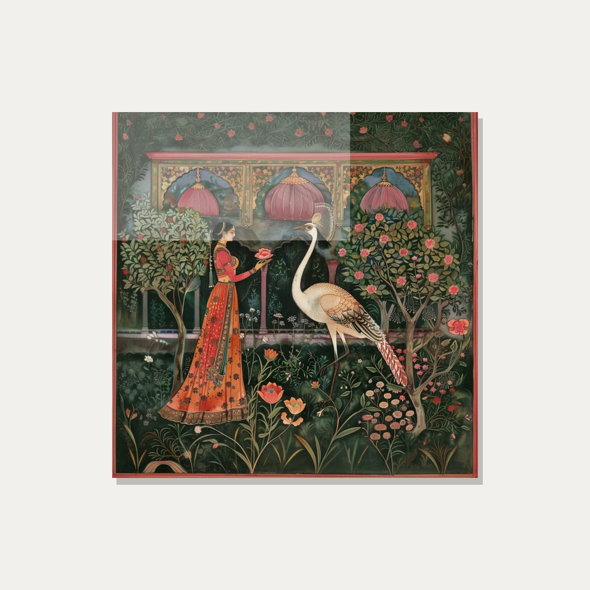 A traditional Indian woman in a red and orange lehenga offers a lotus to a large white crane in a lush green garden. — acrylic preview | PrintPosters.in