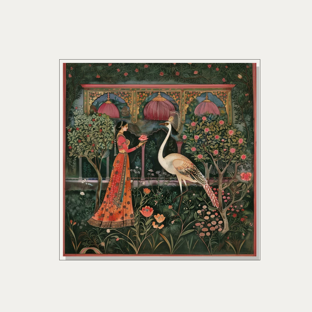 A traditional Indian woman in a red and orange lehenga offers a lotus to a large white crane in a lush green garden. — floater frame preview | PrintPosters.in