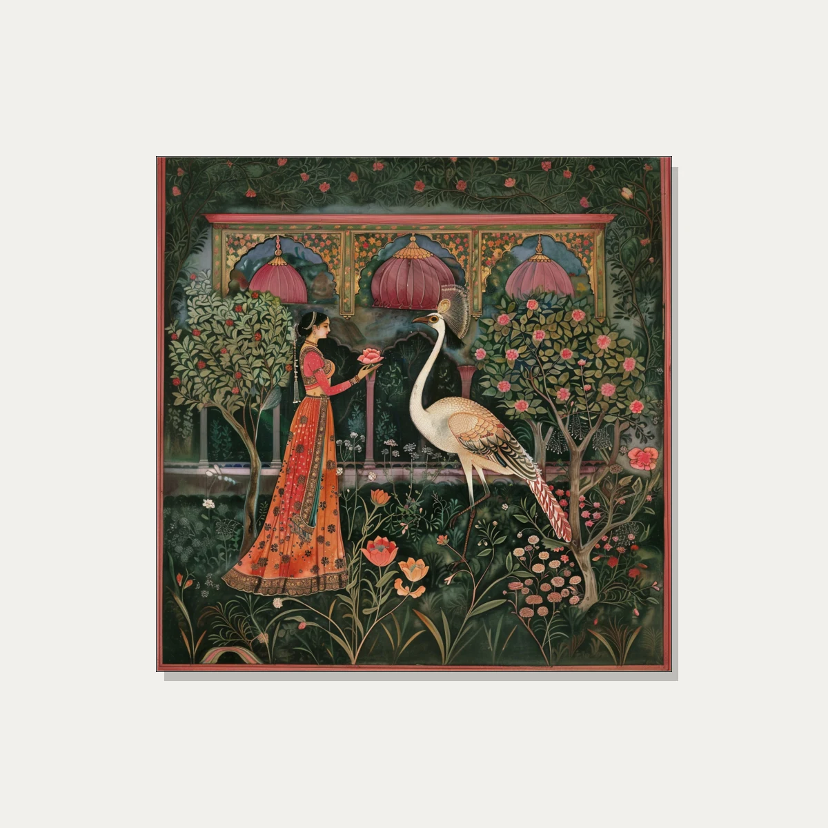 A traditional Indian woman in a red and orange lehenga offers a lotus to a large white crane in a lush green garden. | PrintPosters.in