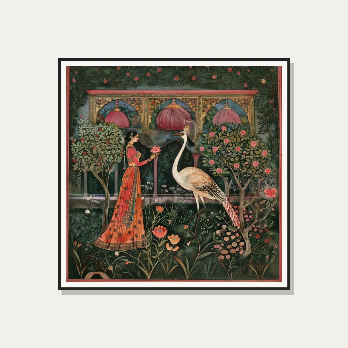 A traditional Indian woman in a red and orange lehenga offers a lotus to a large white crane in a lush green garden. — photo frame preview | PrintPosters.in