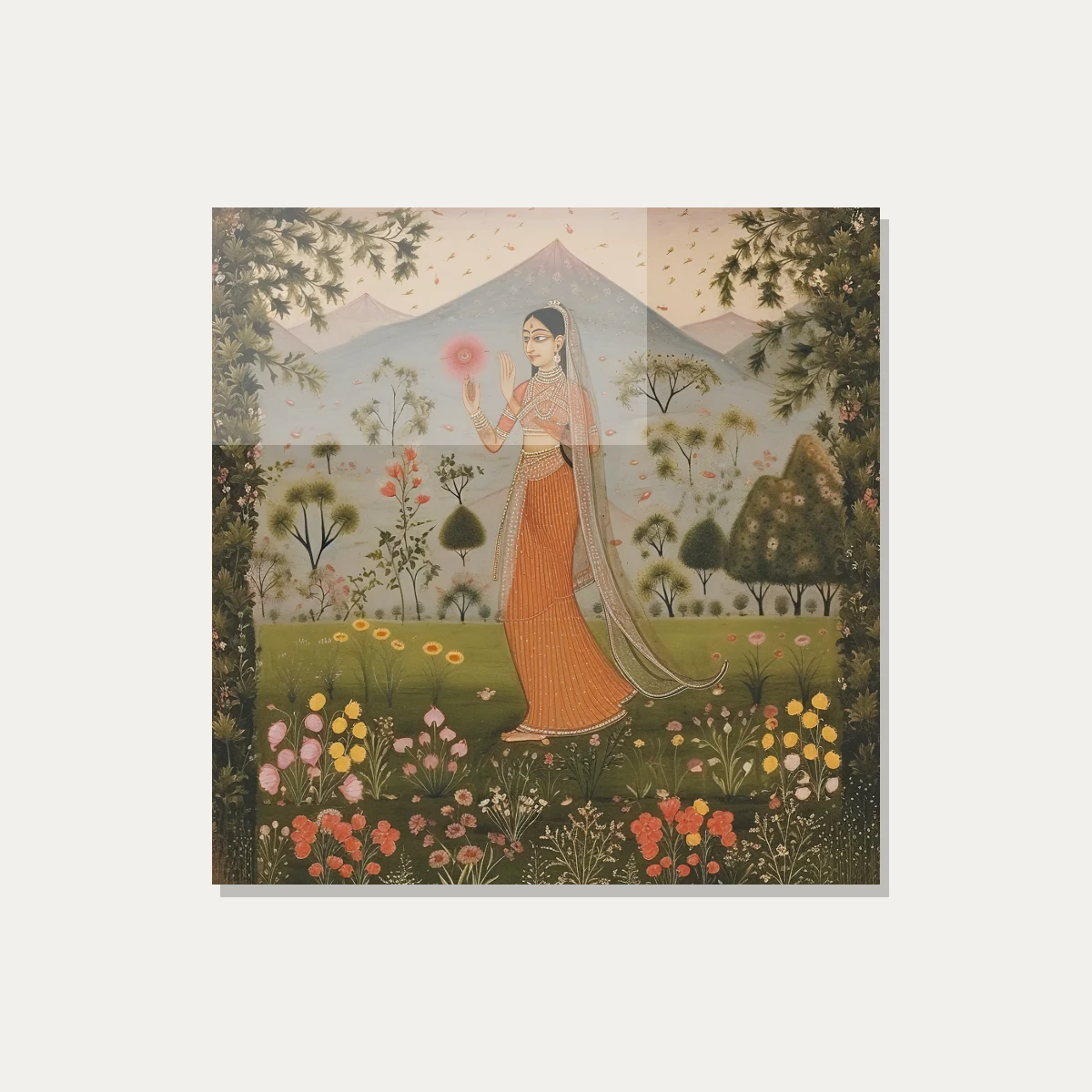 Kishangarh style Rajasthani miniature painting of a graceful woman in an orange dress holding a red flower in a meadow. — acrylic preview | PrintPosters.in
