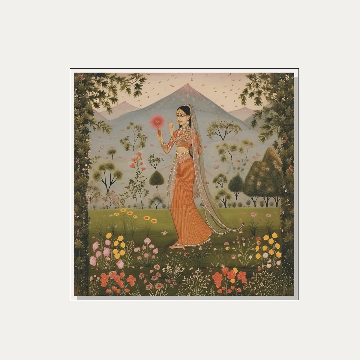 Kishangarh style Rajasthani miniature painting of a graceful woman in an orange dress holding a red flower in a meadow. — floater frame preview | PrintPosters.in