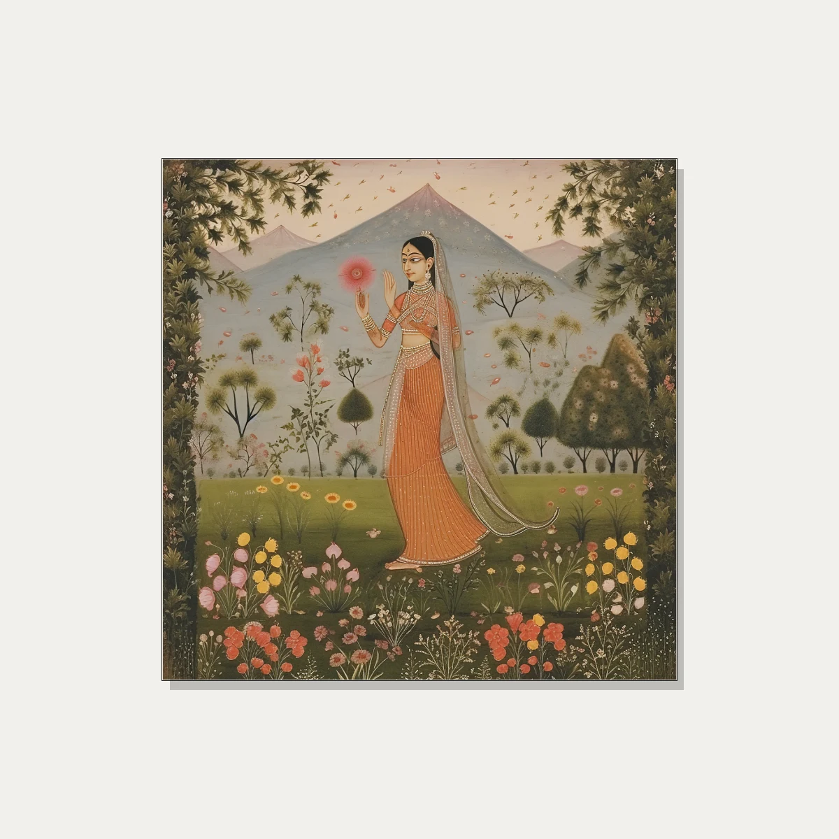 Kishangarh style Rajasthani miniature painting of a graceful woman in an orange dress holding a red flower in a meadow. | PrintPosters.in