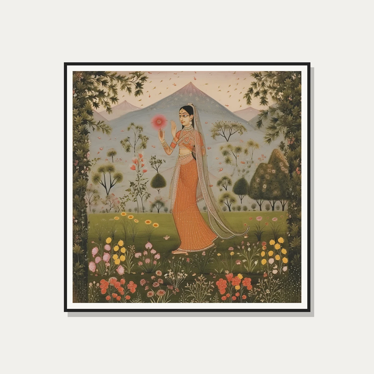 Kishangarh style Rajasthani miniature painting of a graceful woman in an orange dress holding a red flower in a meadow. — photo frame preview | PrintPosters.in