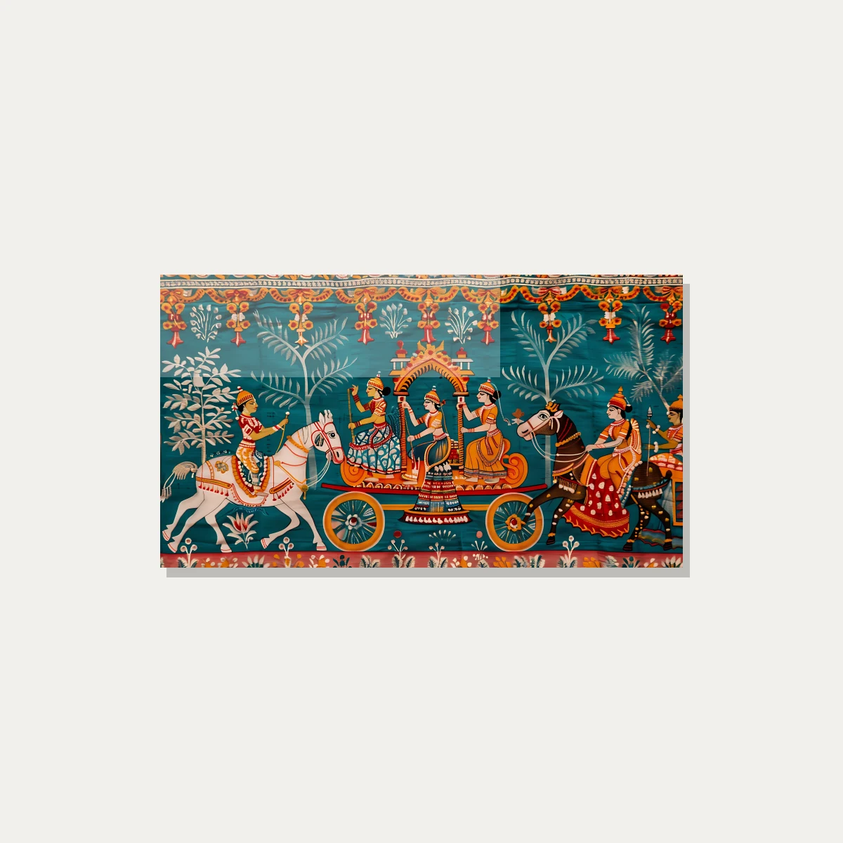 A traditional Indian Pichwai style painting depicting a grand Rath Yatra procession on a teal background. — acrylic preview | PrintPosters.in