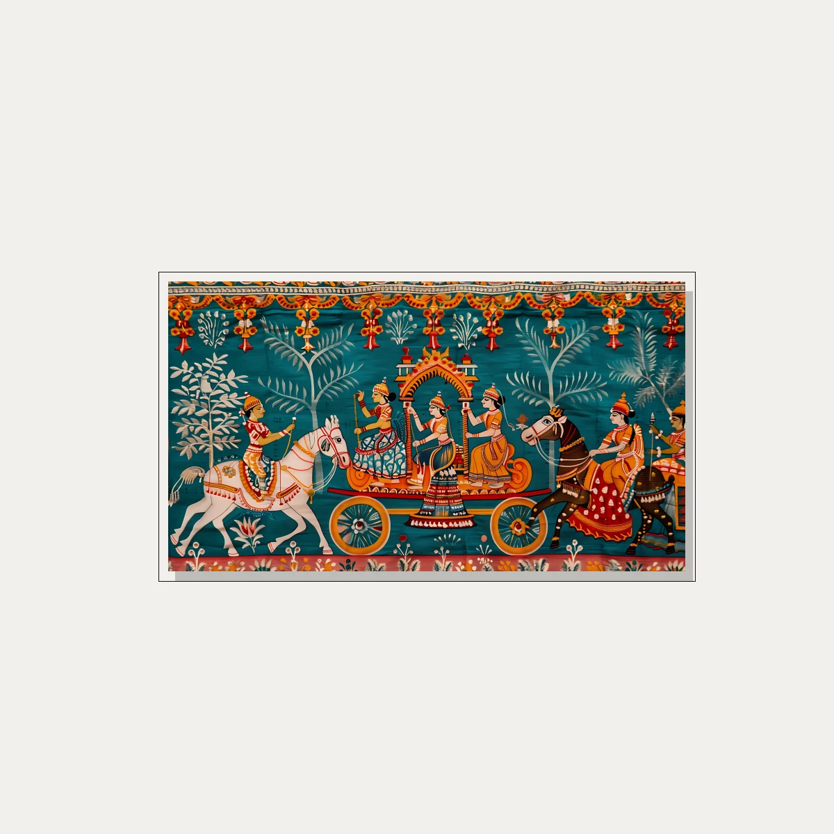 A traditional Indian Pichwai style painting depicting a grand Rath Yatra procession on a teal background. — floater frame preview | PrintPosters.in