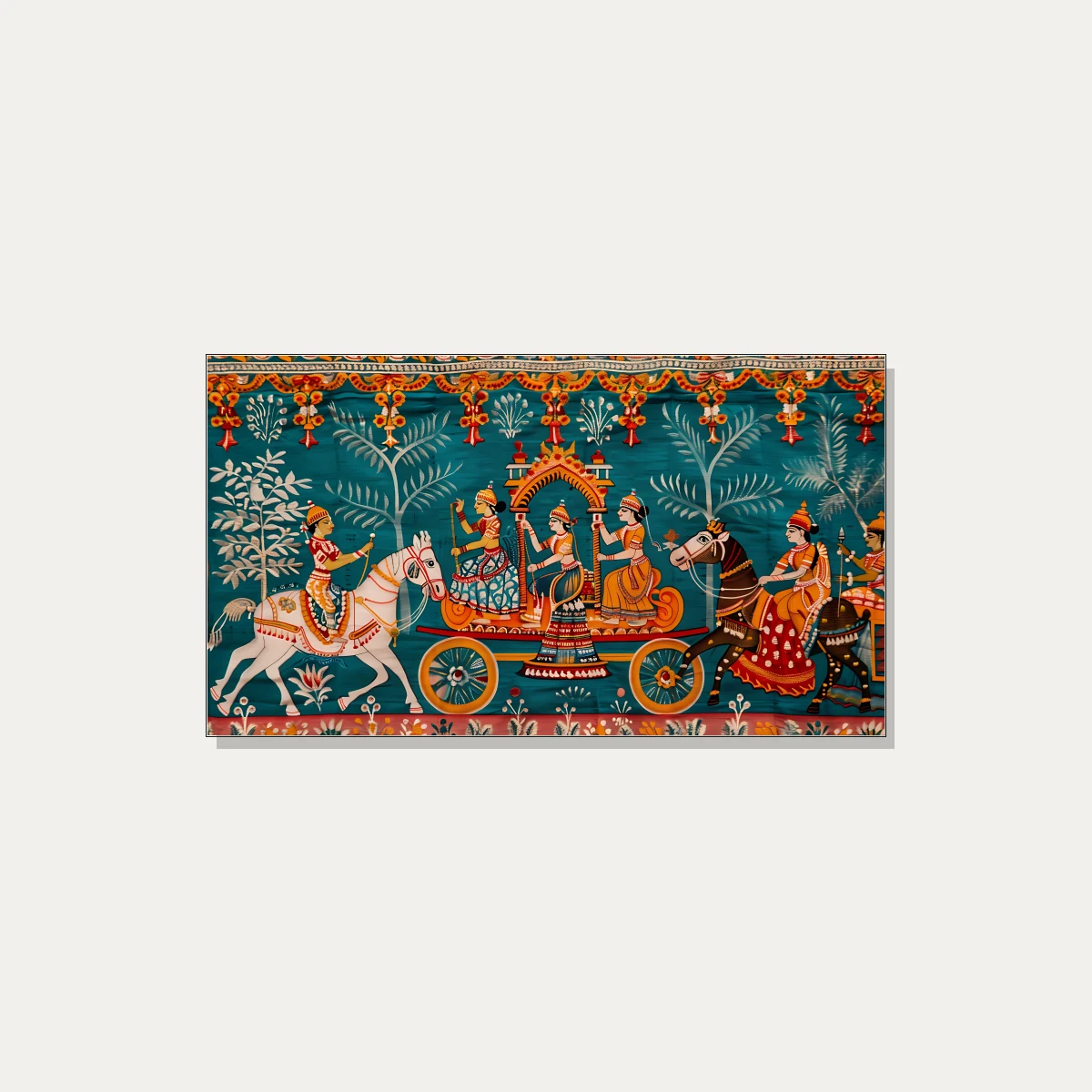 A traditional Indian Pichwai style painting depicting a grand Rath Yatra procession on a teal background. | PrintPosters.in